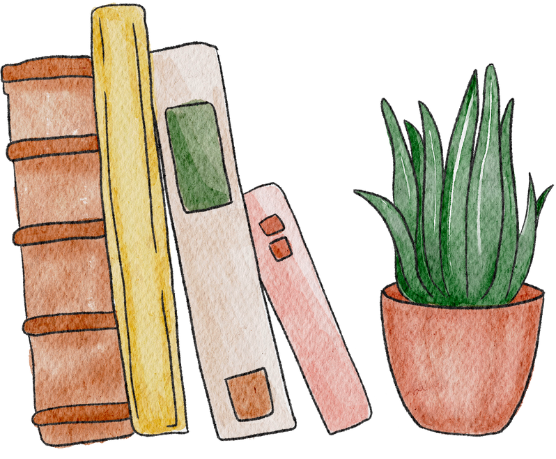 watercolor illustration school supplies bookshelf
